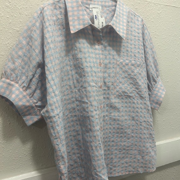 AnnieWear Grace Gingham Button Down Top in Sky Blue & Pink NEW M - Picture 3 of 6